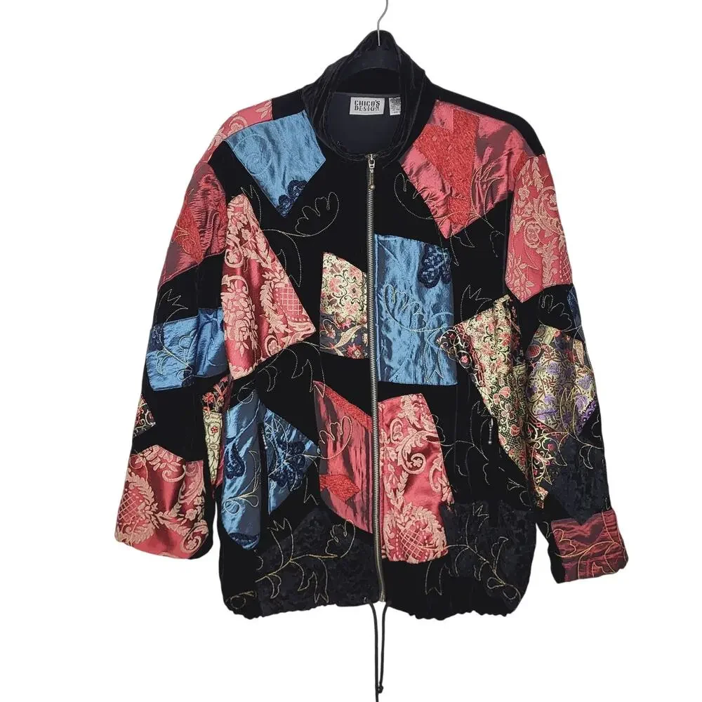 Vintage Chico's Patchwork Brocade Velvet Embroidered Full Zip Jacket Boho Sz 2/L - Picture 2 of 10